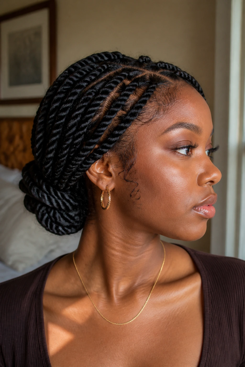 Low, broad rope-twist buns at the nape on a real person