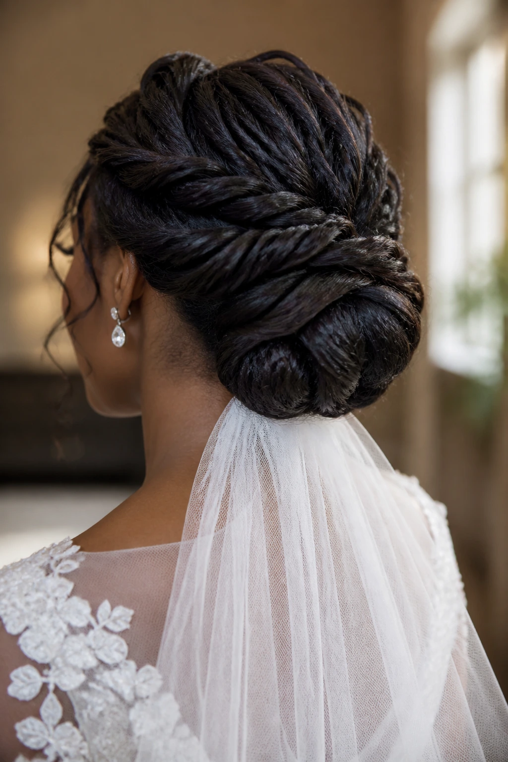 Close-up of real bride with rope-twist chignon at the nape