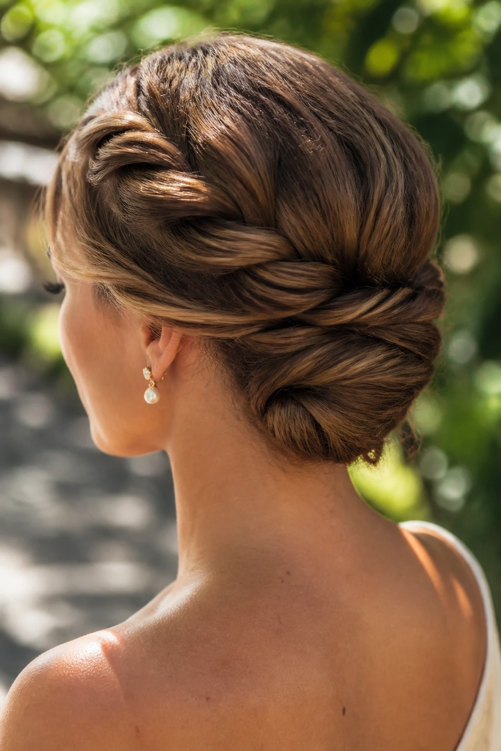 Real woman with a rope-twist chignon in garden light.