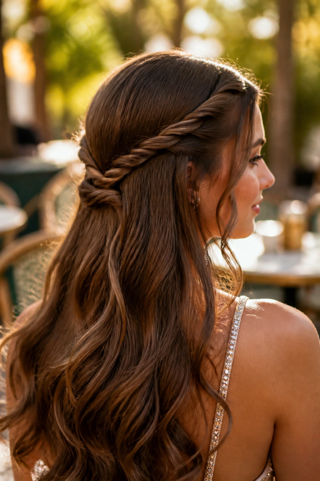 Close-up of a real woman showing rope twists at temples crossing at the back