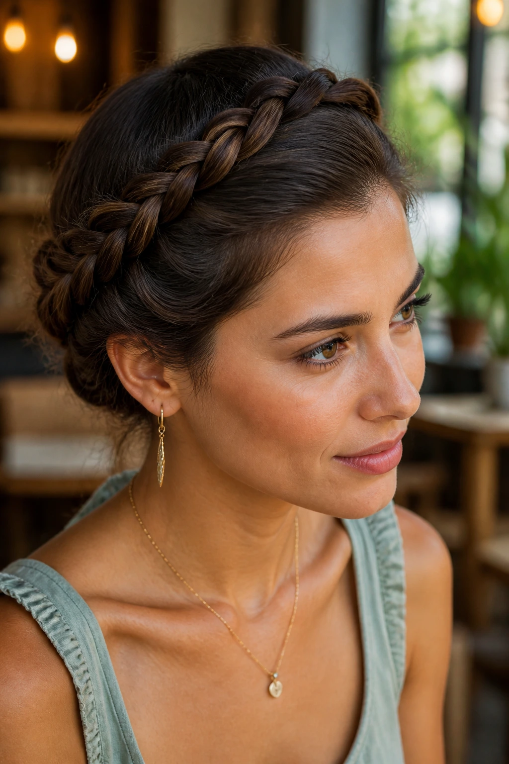 Close-up of a real woman with a rope-twist crown braid along the head