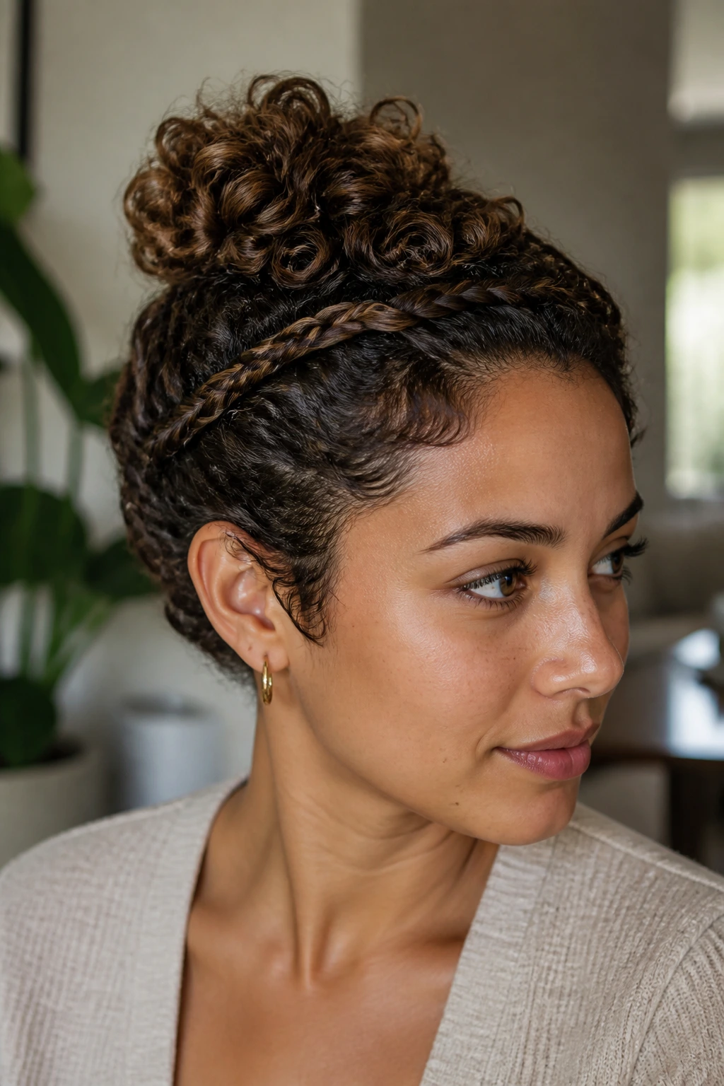 Close-up of real woman with rope twist crown bun at crown.
