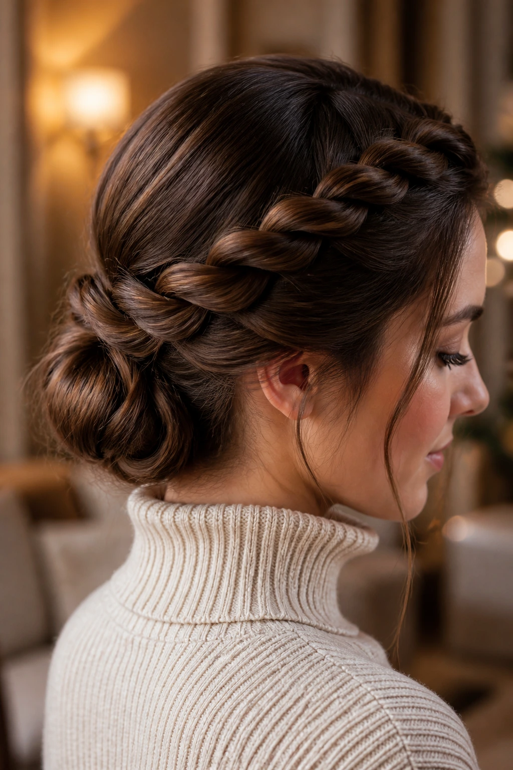 Close-up of a real person with rope twists crown and a low bun
