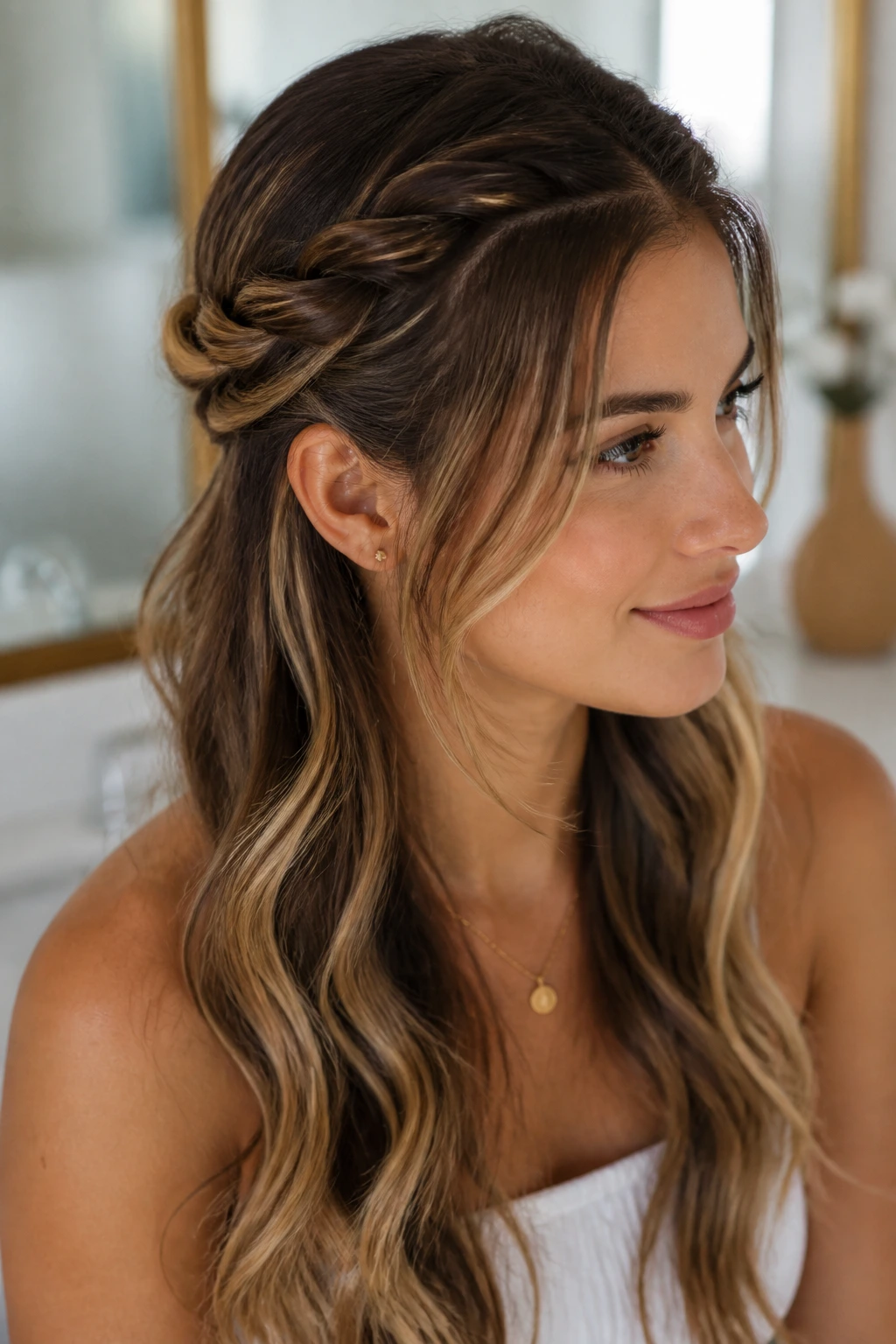 Close-up of a woman with rope-twist half-up crown hairstyle.