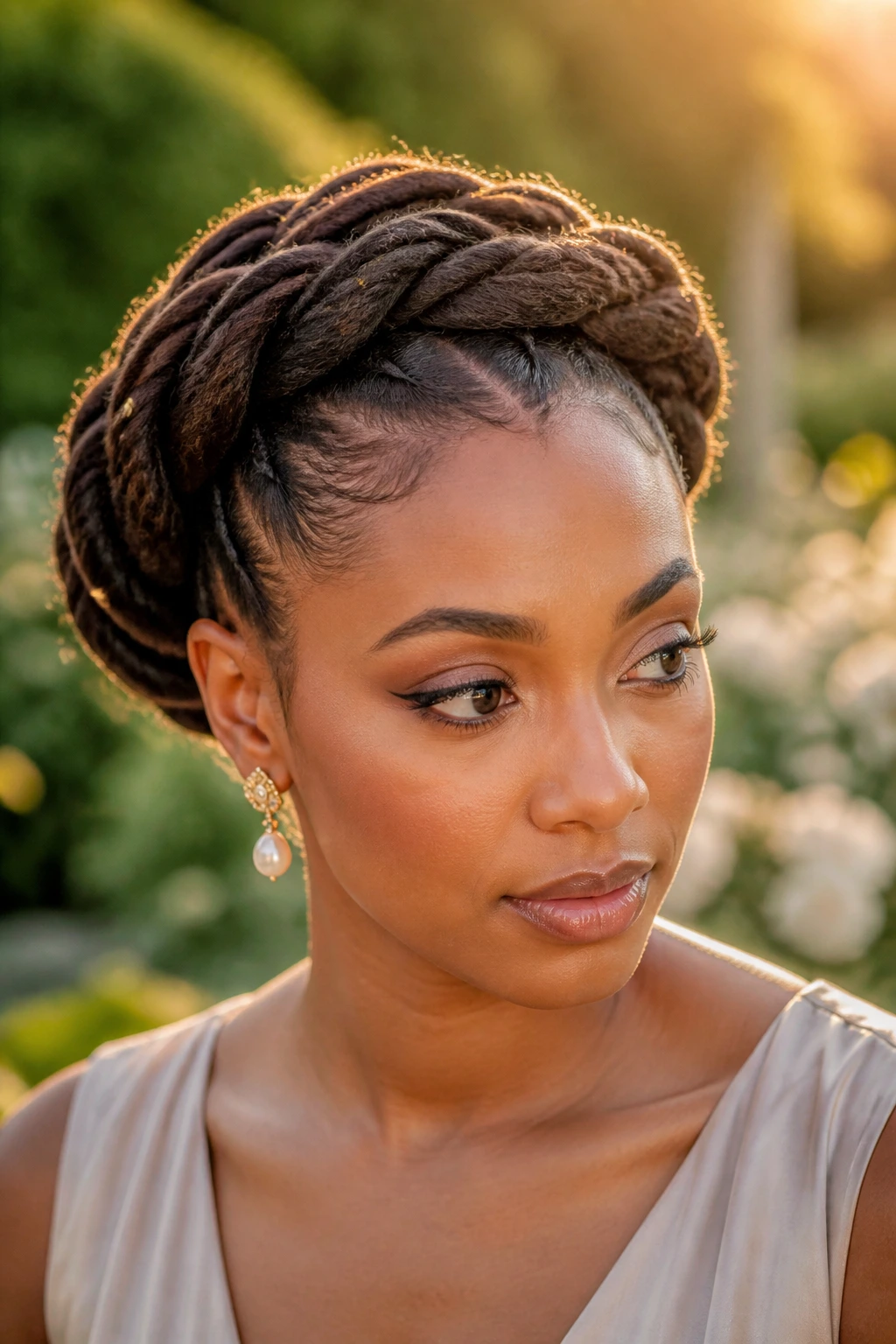 Portrait of person with rope-twist crown on locs in a garden at golden hour