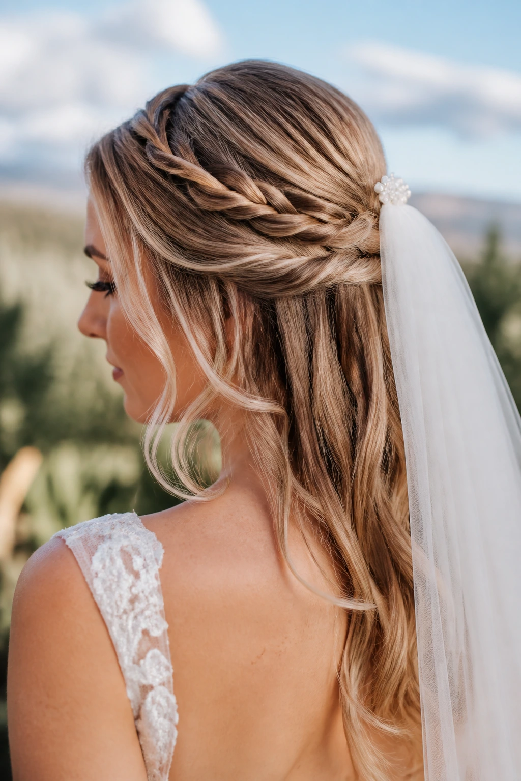 Bride with rope-twist half-up and face-framing pieces
