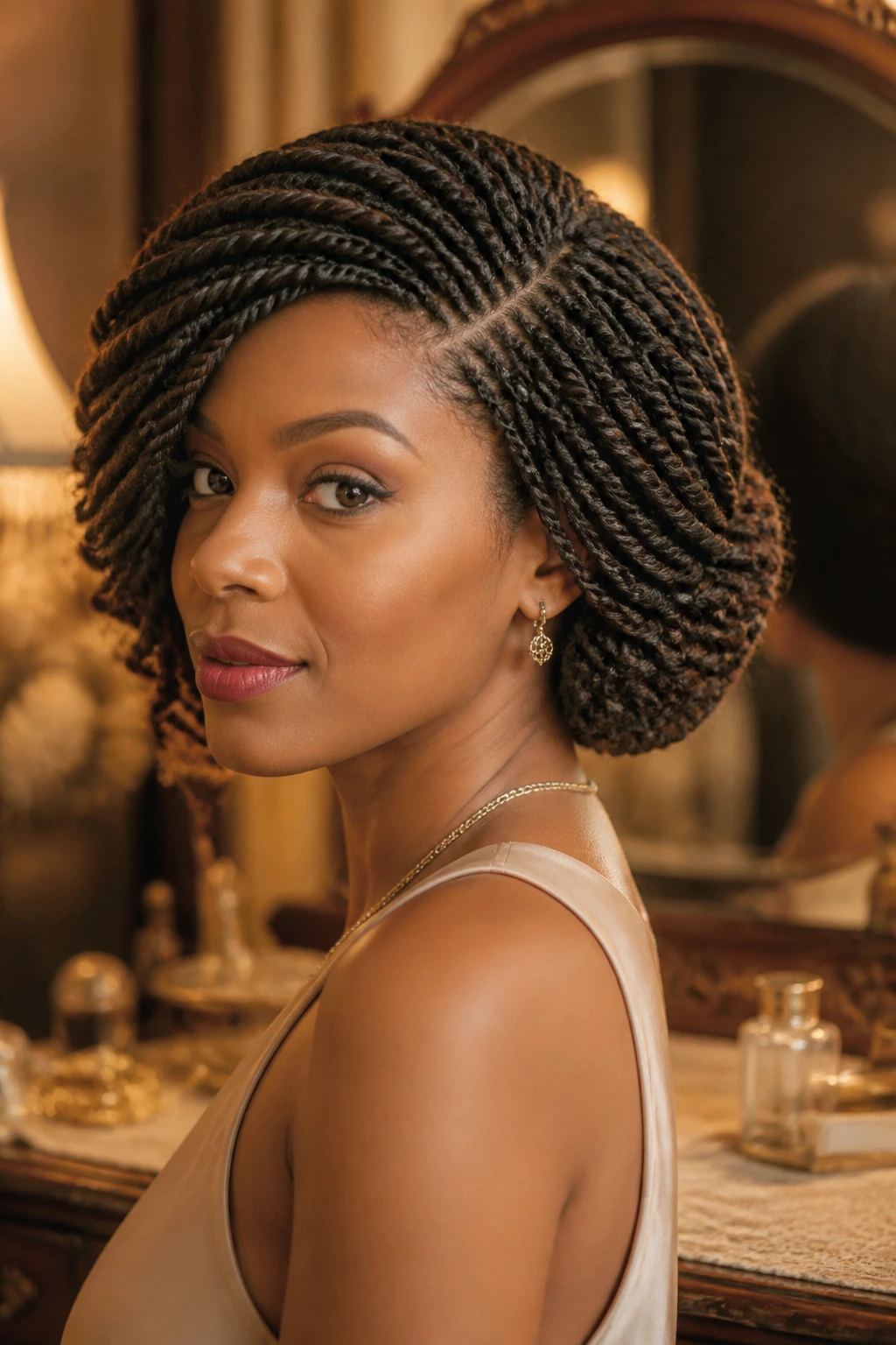 Profile of a woman showing rope twists tucked under at the nape forming a faux bob