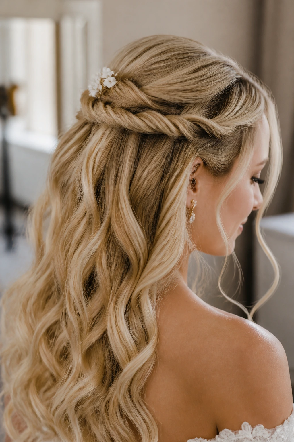 Close-up of blonde bride with half-up rope twist and floral pins in window light