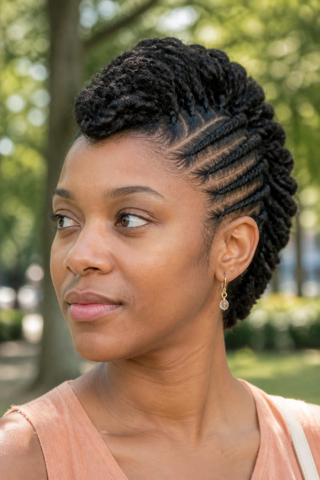 Close-up of a real person with a rope-twist frohawk along the center.
