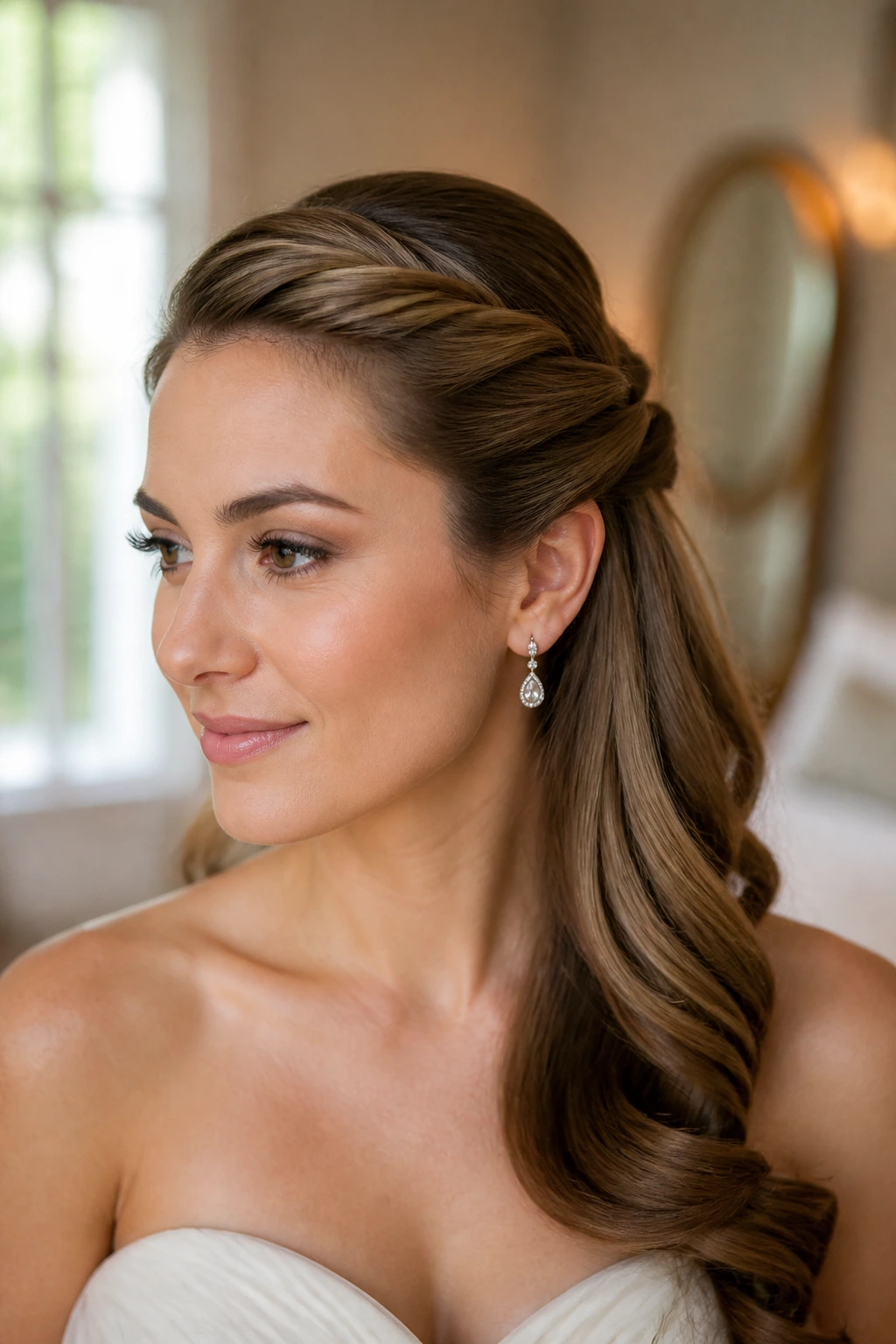 Close-up of a real woman with a rope-twist side sweep hairstyle pinned behind the ear.