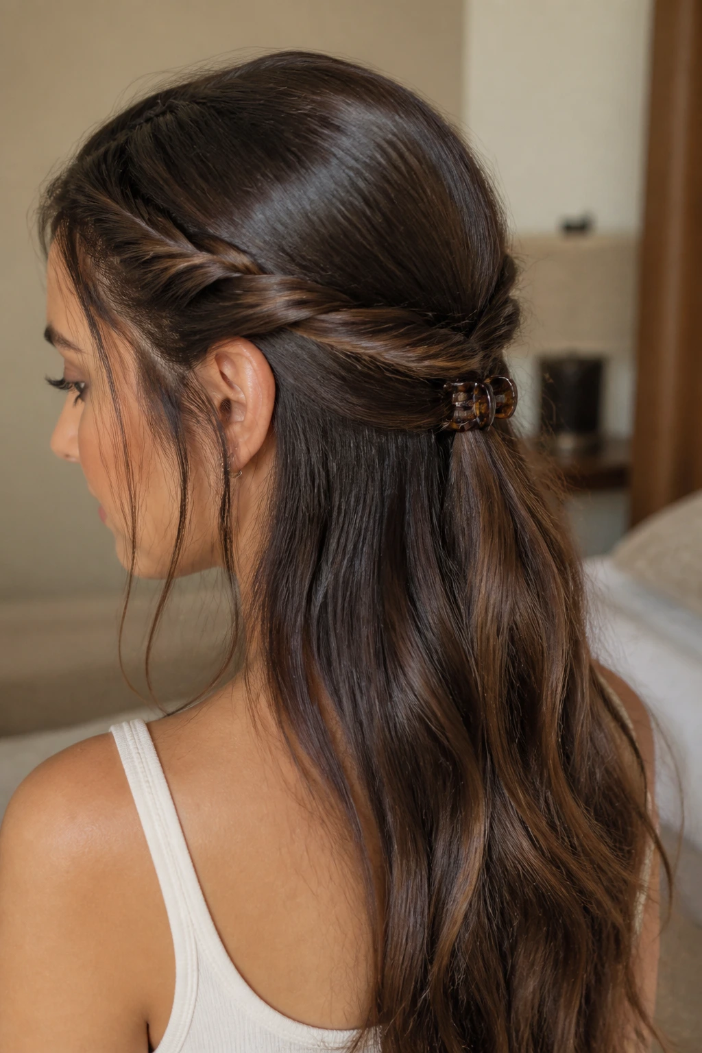Close-up of a real woman with rope twists half-up and a low clip, showcasing polished crown.
