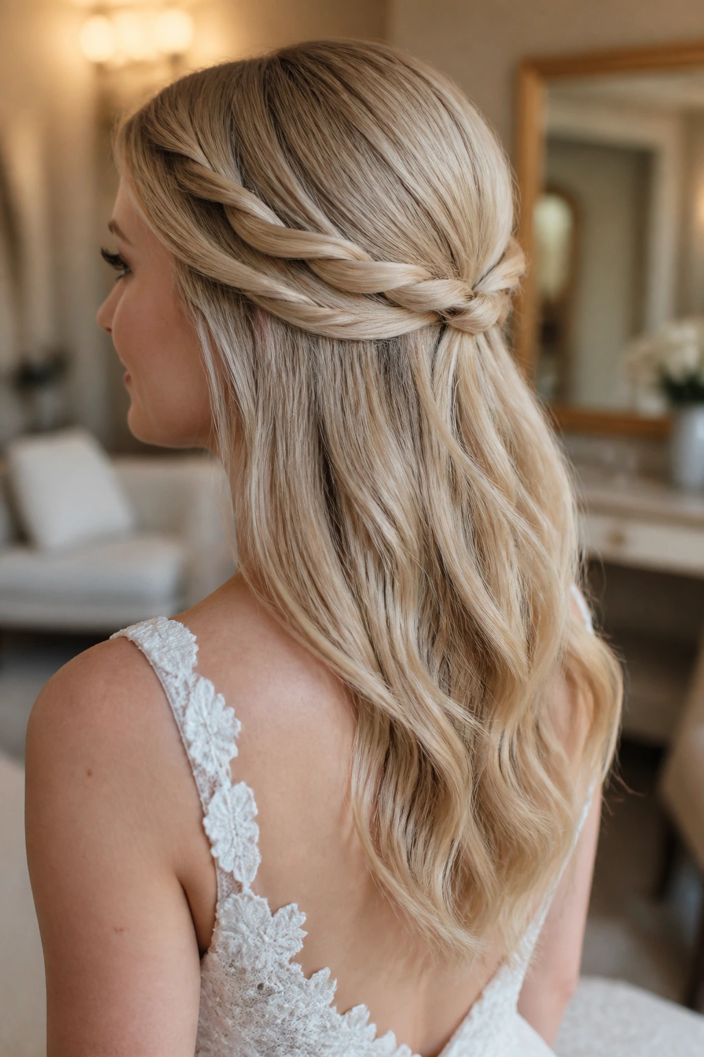 Close-up of real bride with double rope-twist half-up hairstyle in a bridal suite