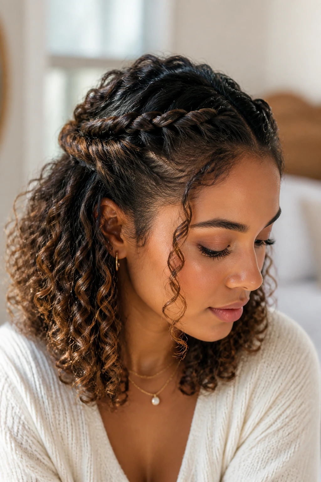Close-up of a woman with rope-twist half-up hairstyle