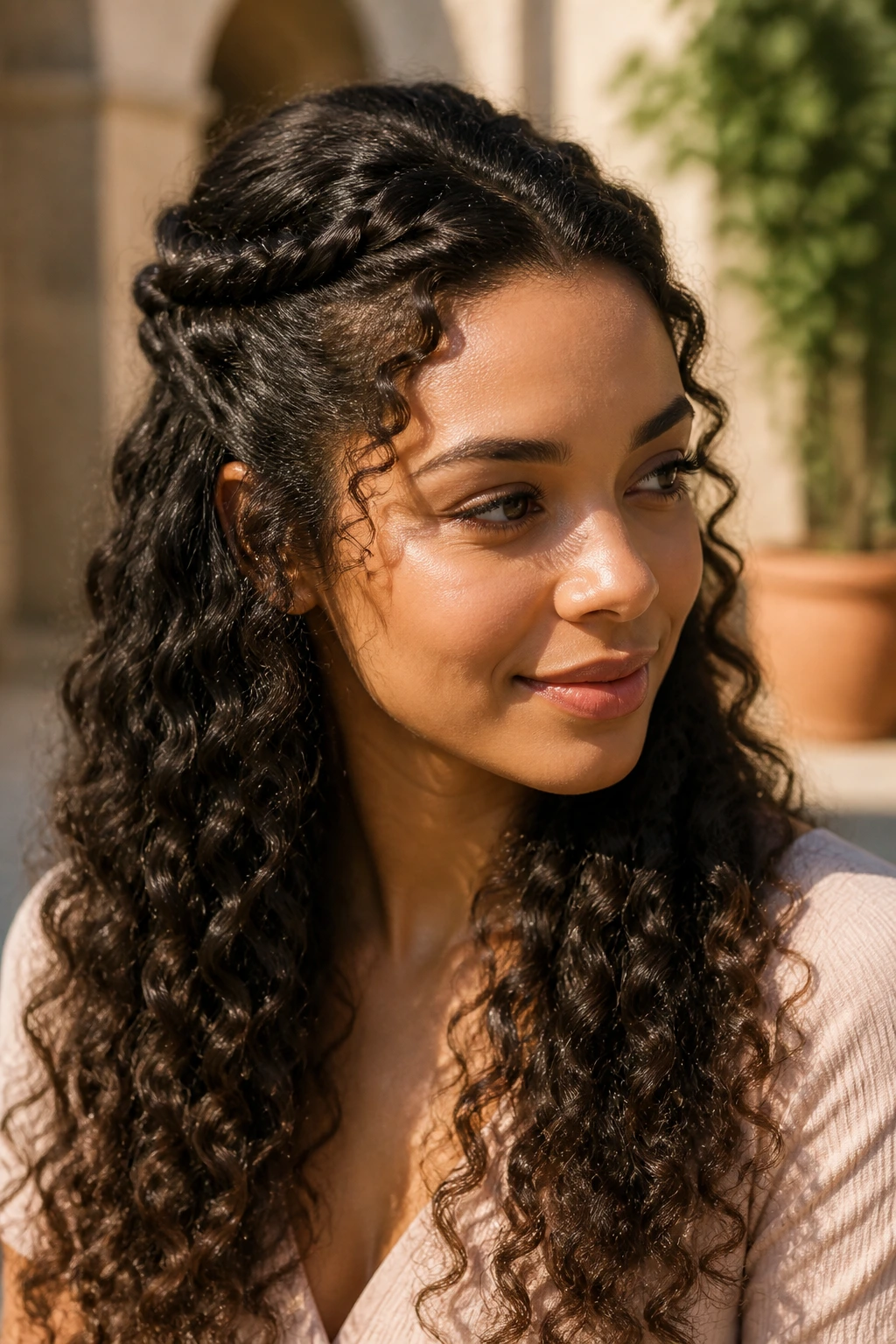 Real woman with rope twist half-up hairstyle and pinned twists