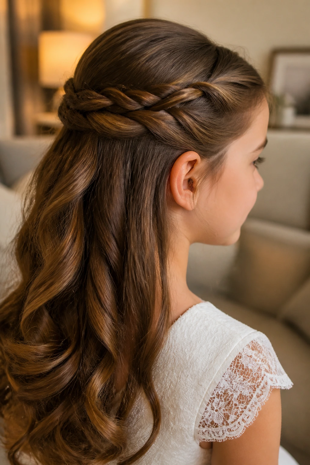 Close-up portrait of a real girl with rope twists in a half-up hairstyle.