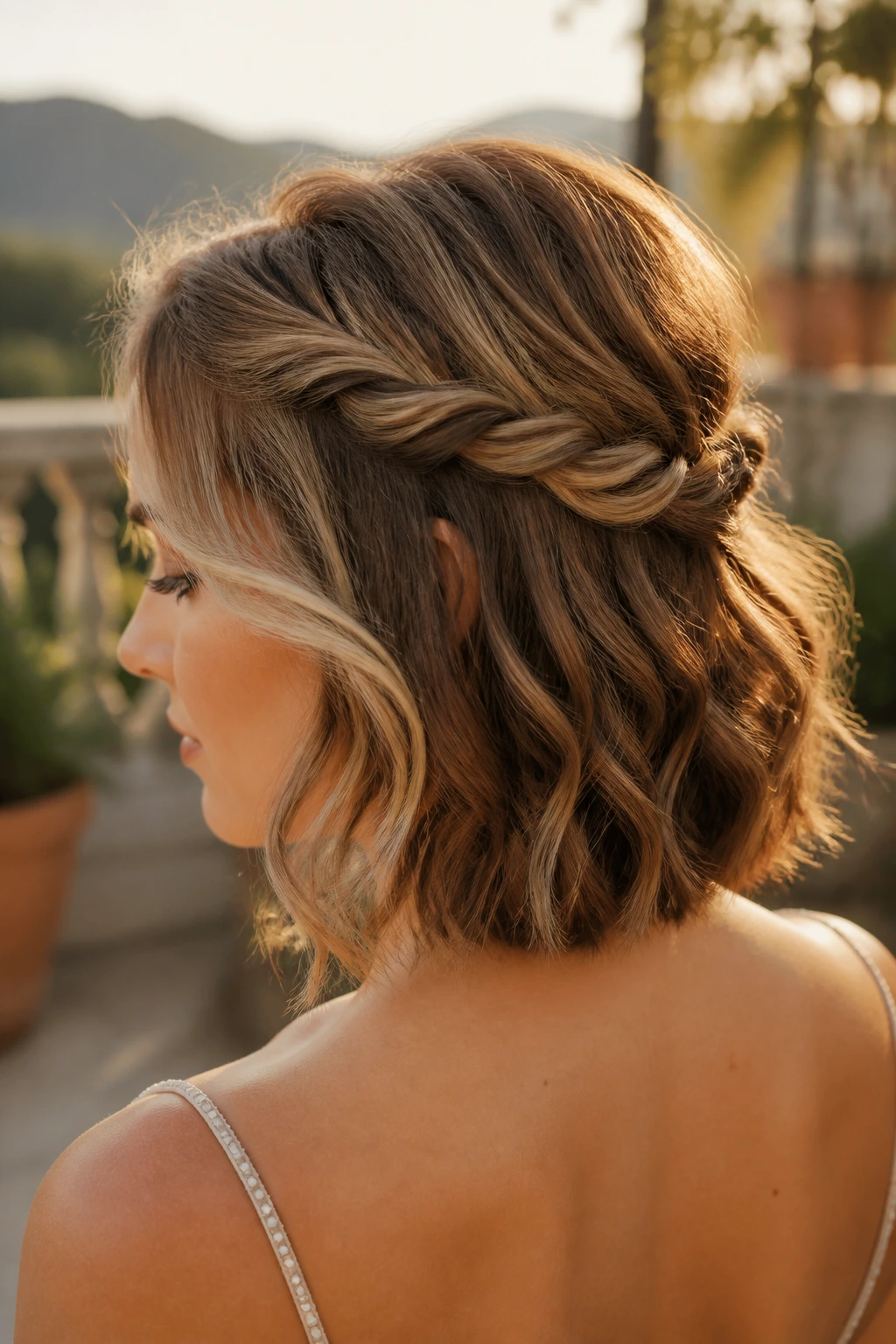 Portrait of a bride with rope-twist half-up on wavy short hair