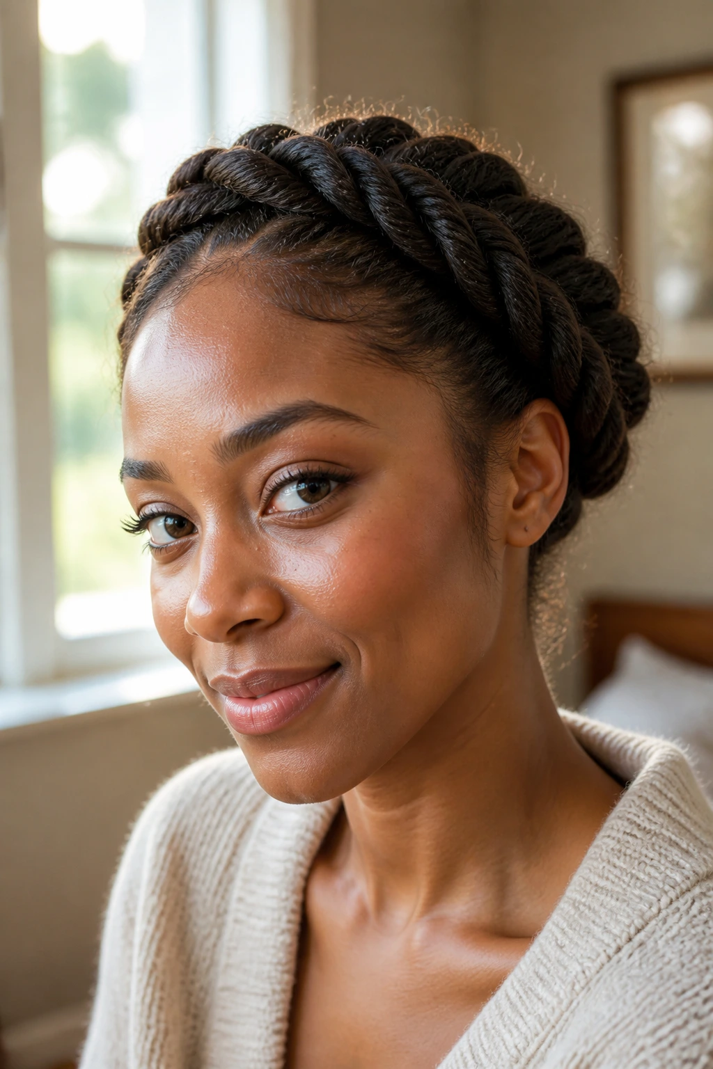 Close-up of a woman wearing a rope-twist halo braid