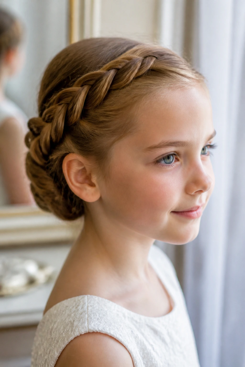 Close-up of rope-twist halo roll hairstyle on a real child girl