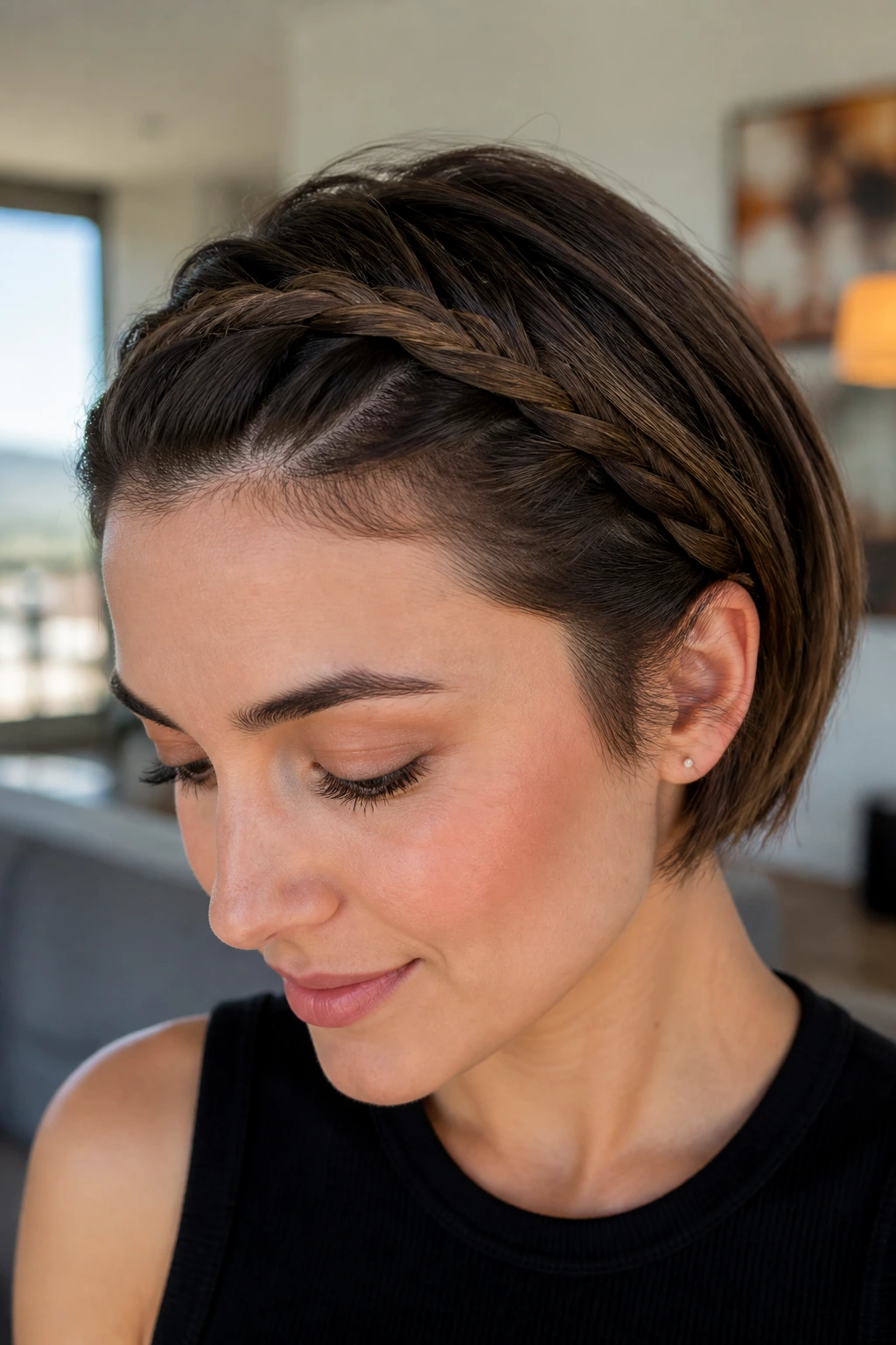 Close-up profile of a real woman with rope-twist braid headband along the hairline
