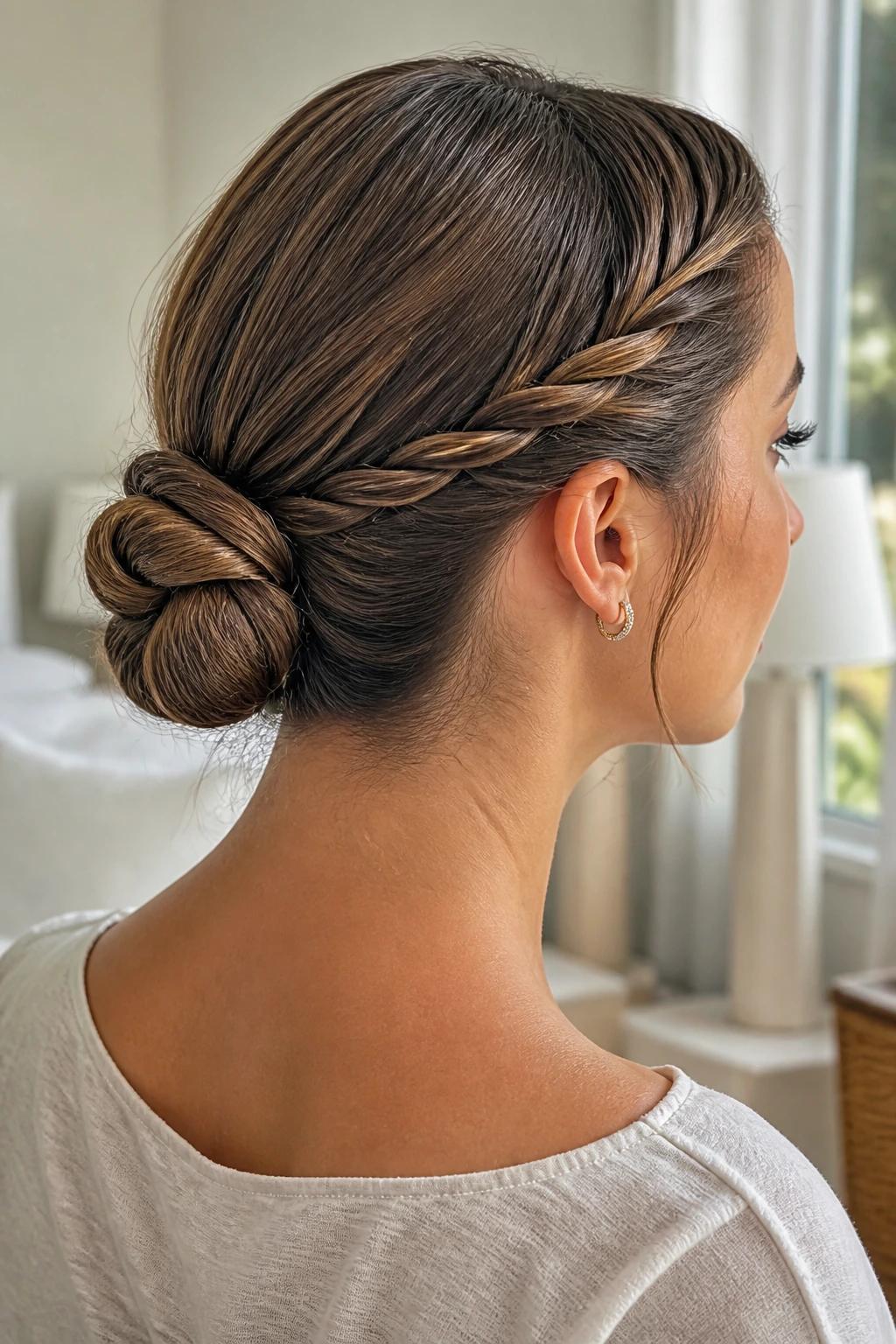 Close-up of a real woman's rope twists forming a neat knot at the back of her head
