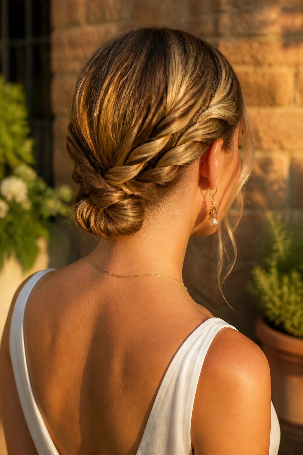 Close-up portrait of a woman with two rope twists forming a low knot