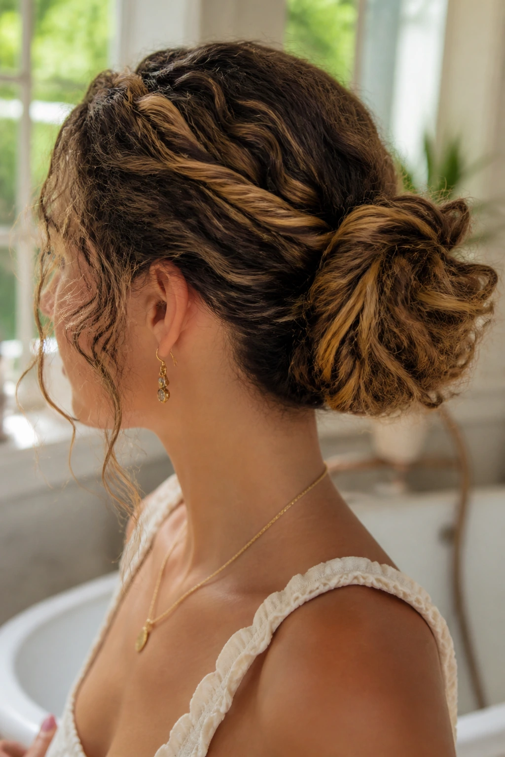 Rope-twist messy bun on a real person with two twists joining into a bun