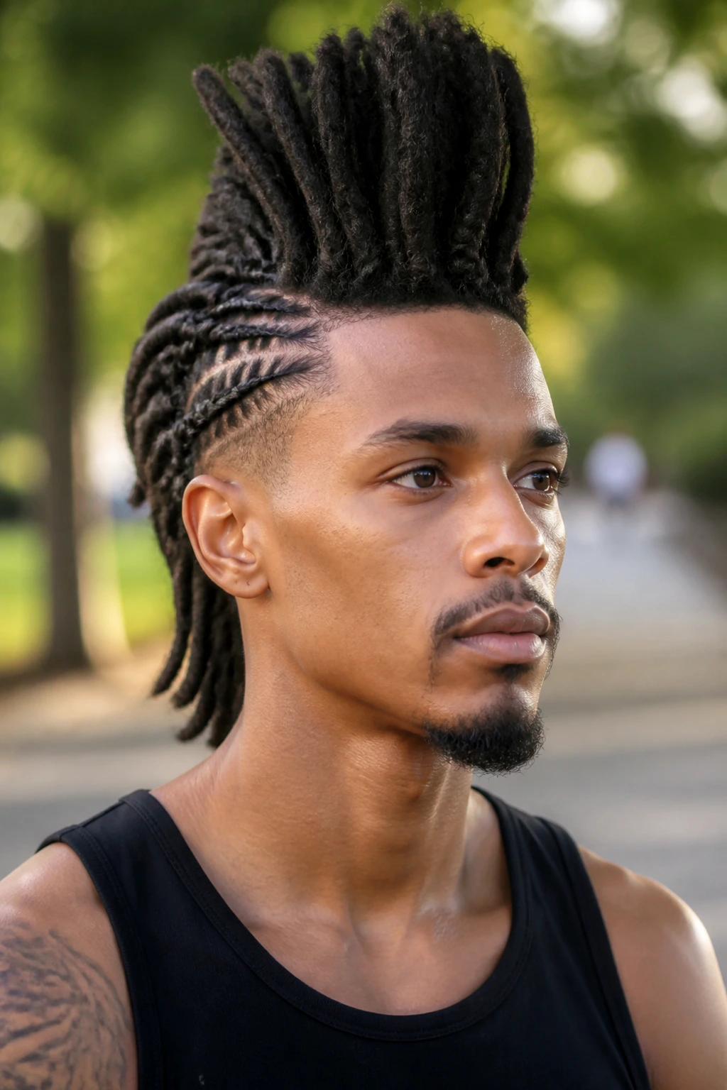 Close-up portrait of a real person with rope twist Mohawk showing rope twisted sides and a tall center.