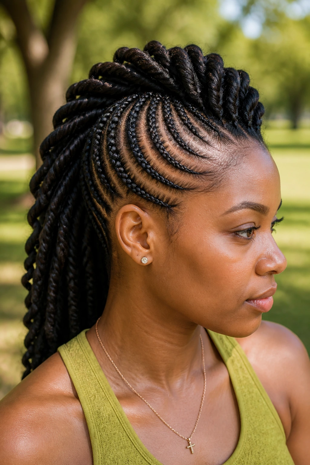 Close-up of a real person with rope-twist mohawk and braided base.