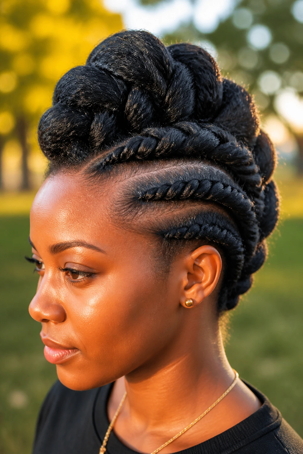 Close-up portrait of a real person with rope twists and raised center mohawk