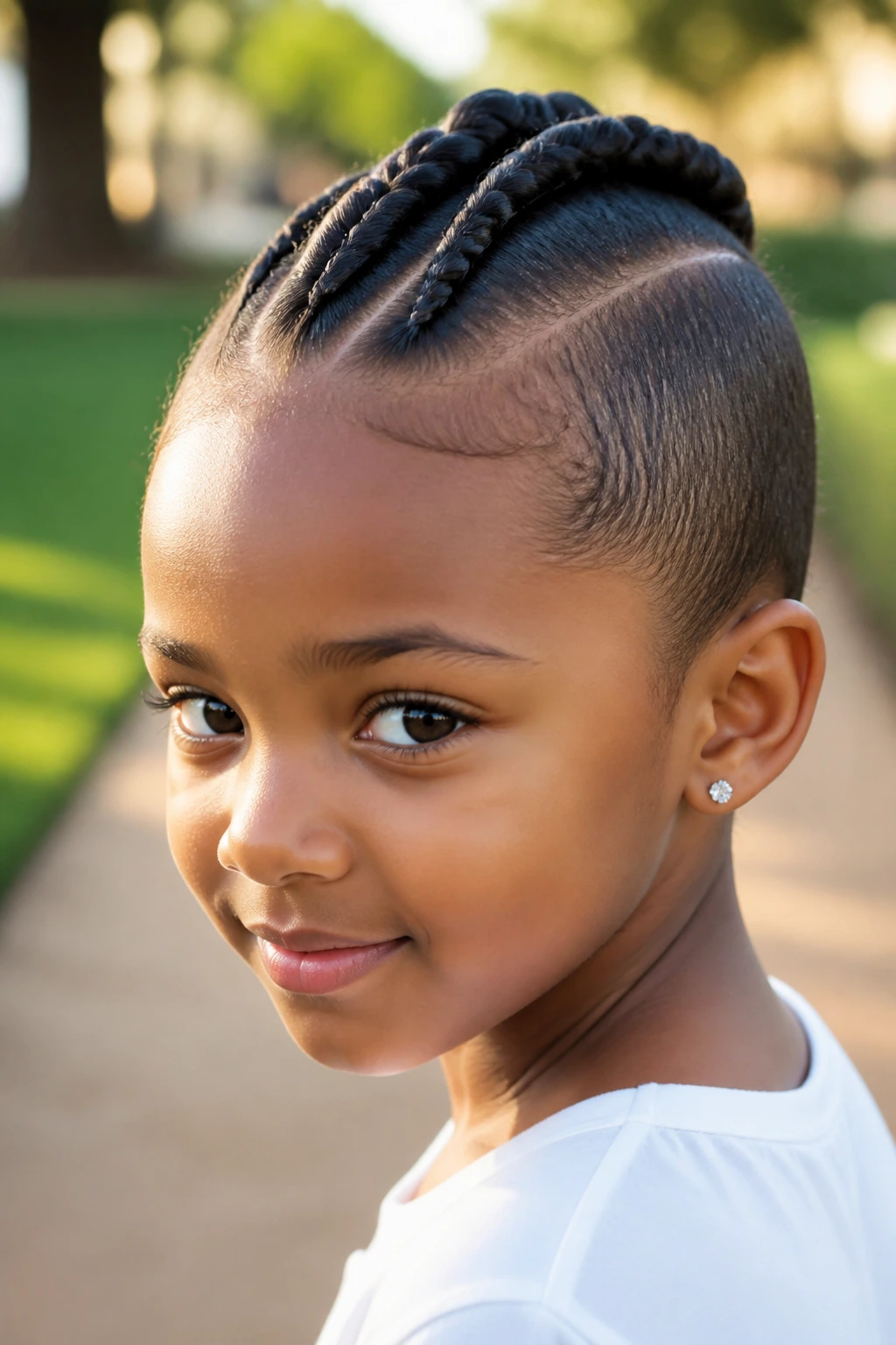 Close-up of a real girl with rope-twist mohawk in outdoor light.