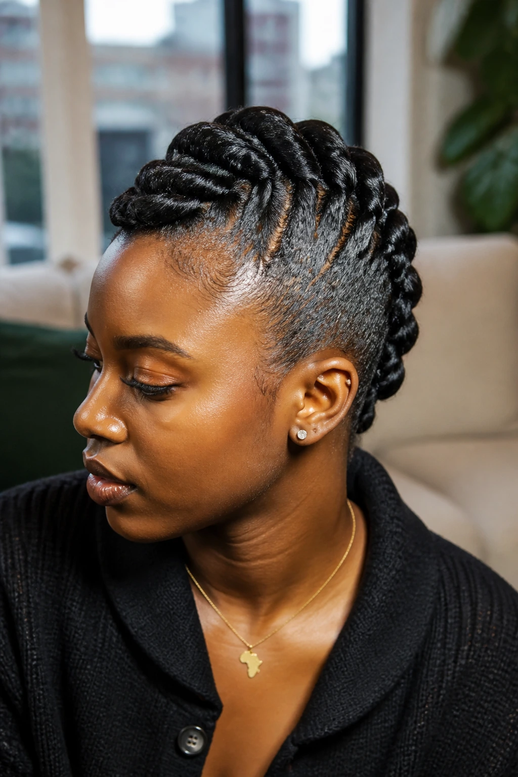 Close-up of a real person with a rope twist mohawk on short natural hair