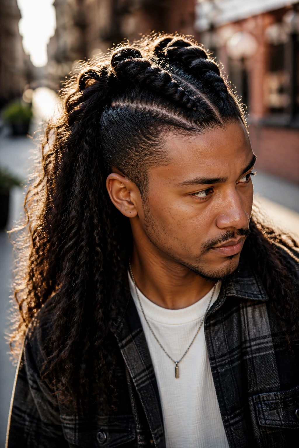 Portrait of a person showing rope-twist mohawk ridge on long hair outdoors with warm sun.