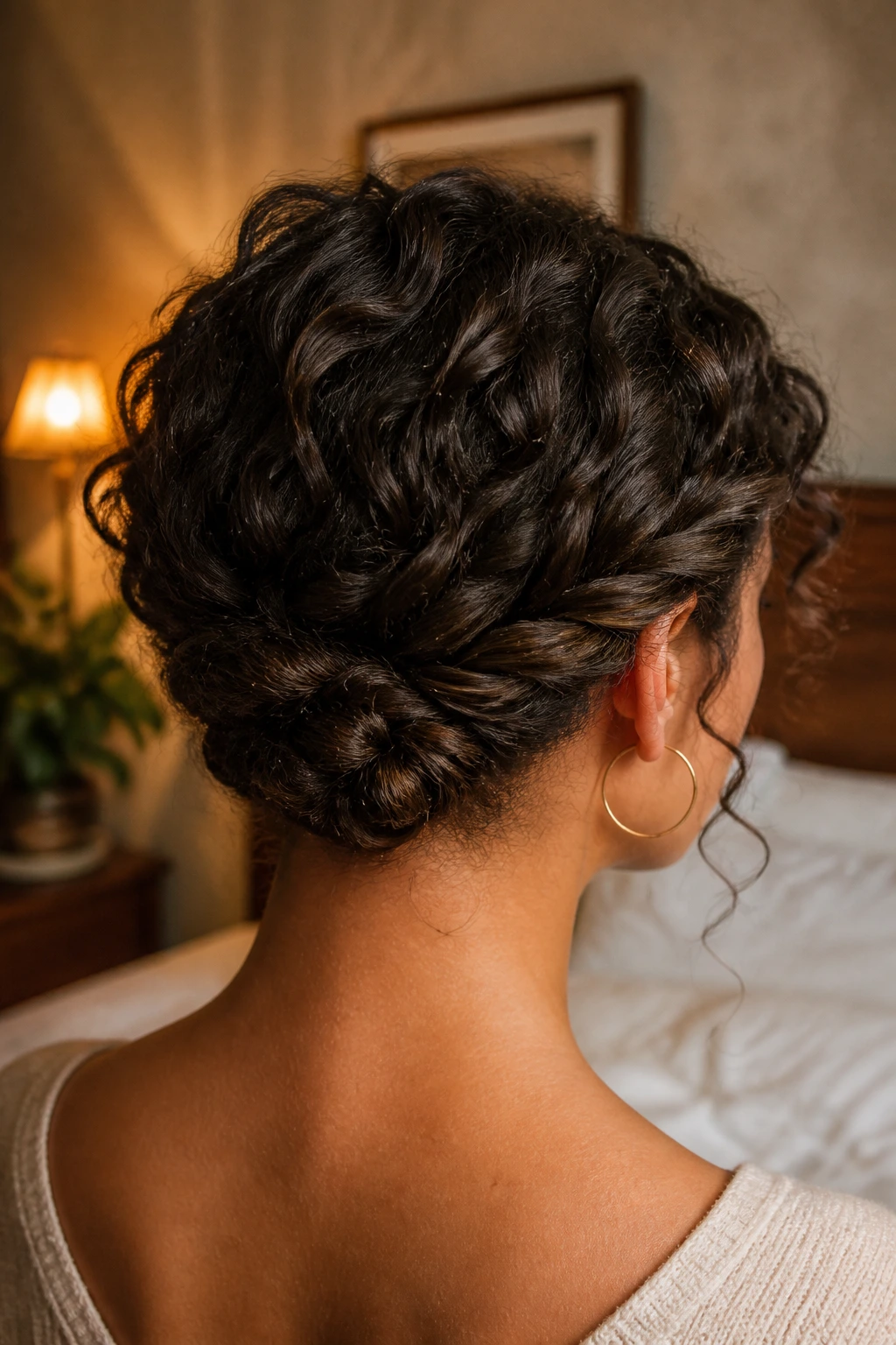 Close-up of real woman with rope twist nape knot at the nape.