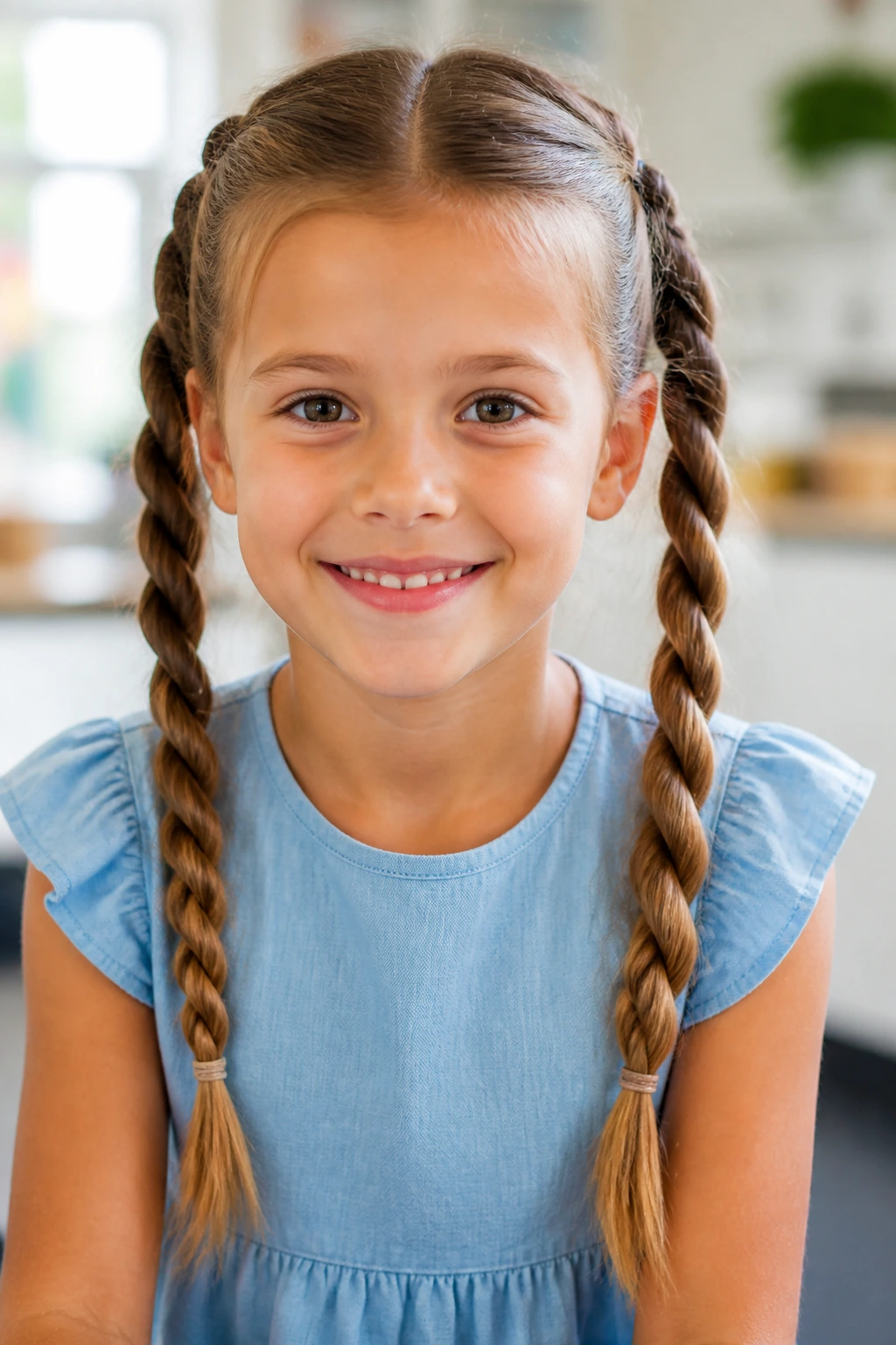 Girl with rope-twist pigtails in a bright setting