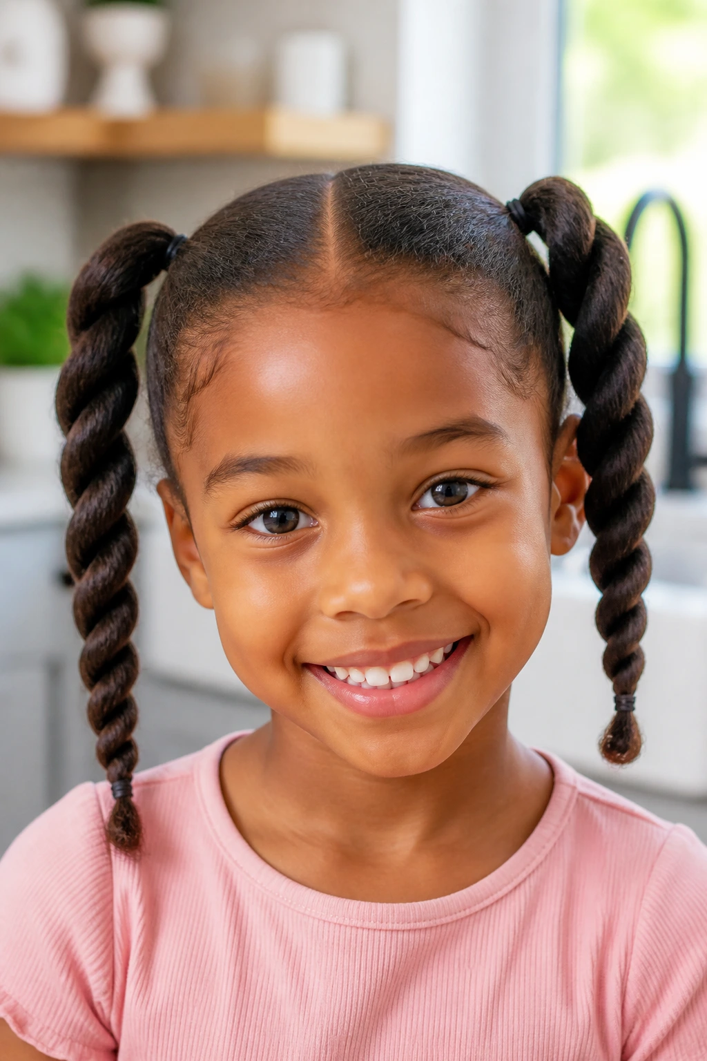 Real child with rope-twist pigtails close-up