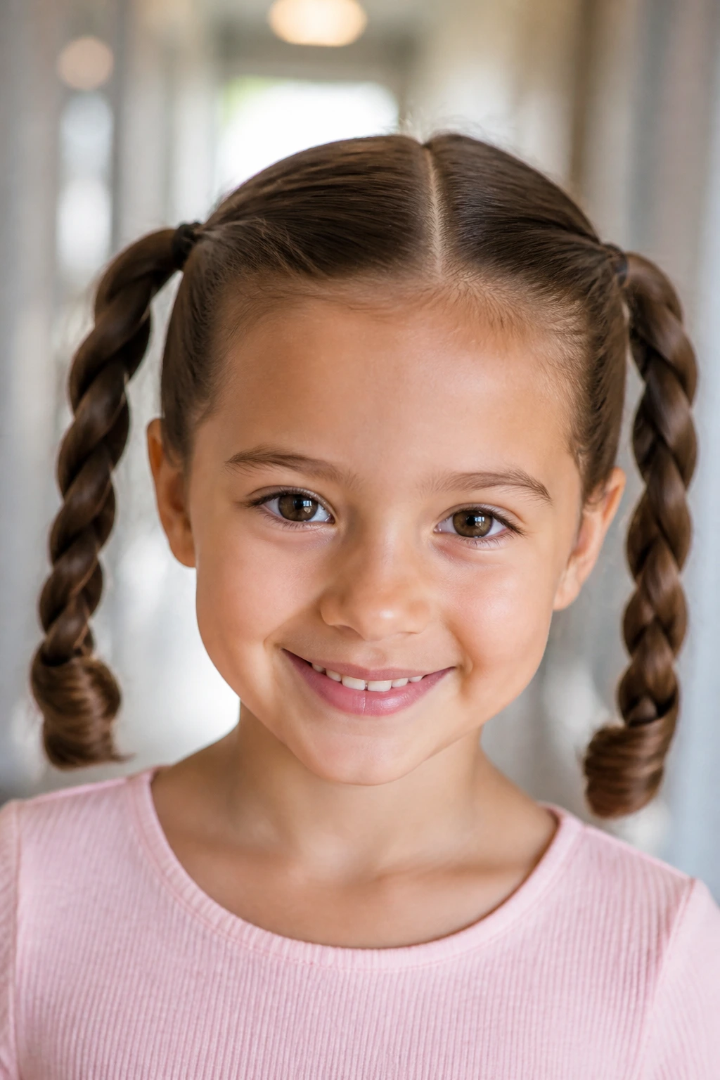 Front-facing girl with rope twists on both sides of her head