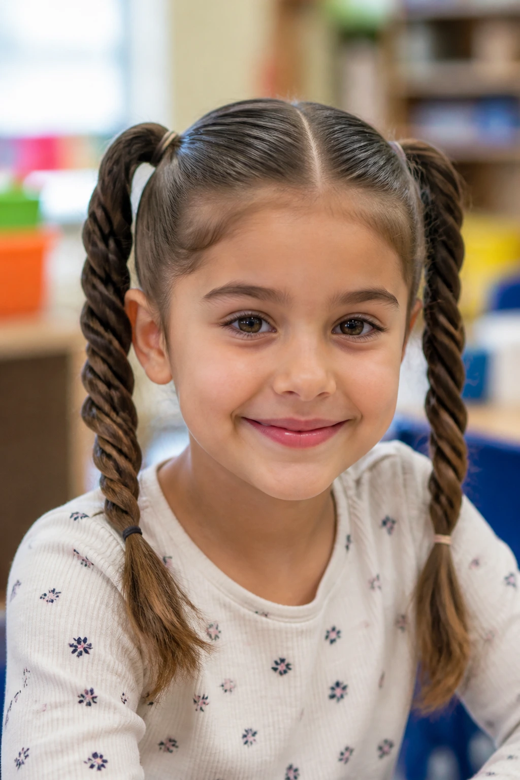 Close-up of a brunette-haired child with rope-twist pigtails