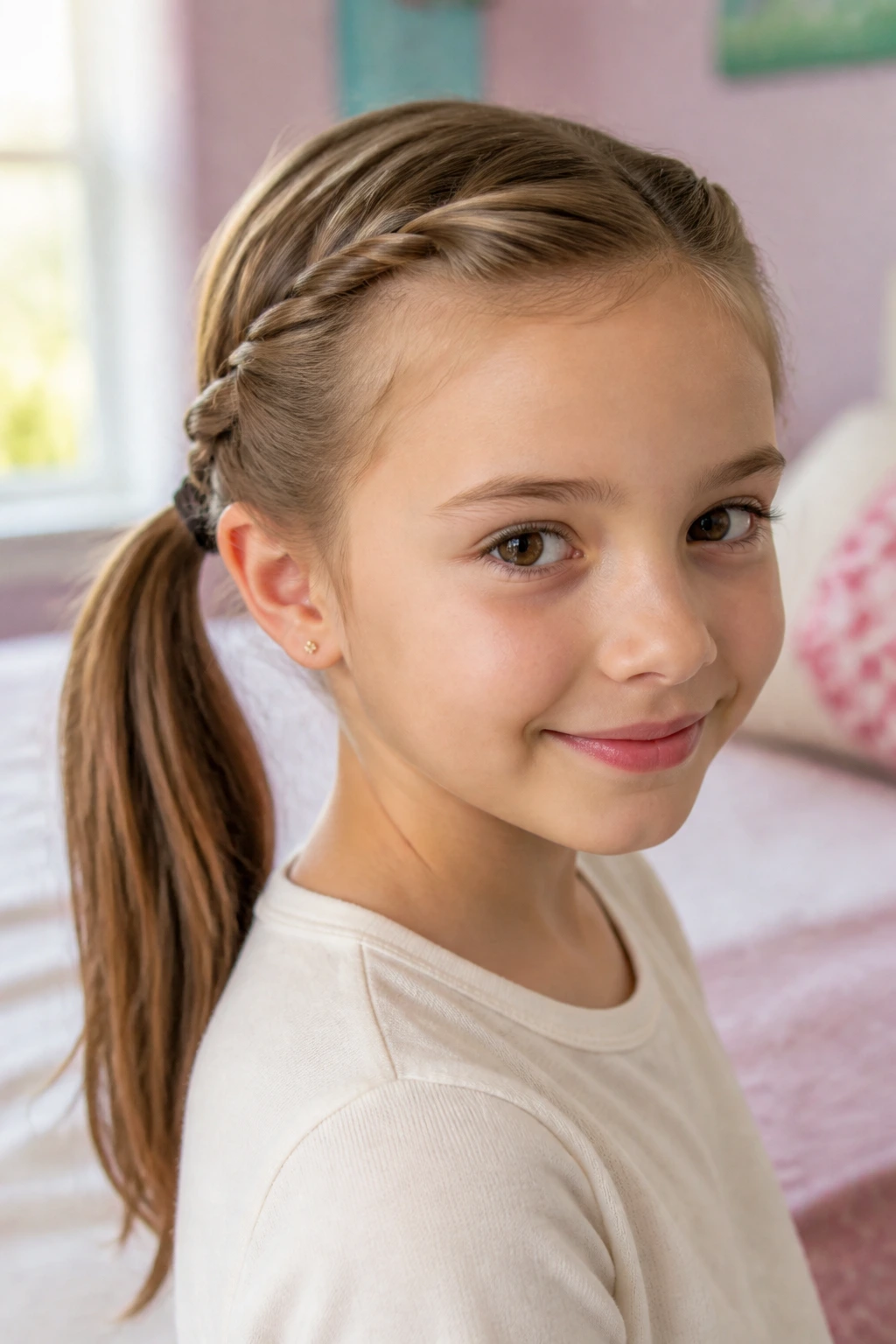 Close-up of child with rope-twist pony under natural window light in a cozy bedroom
