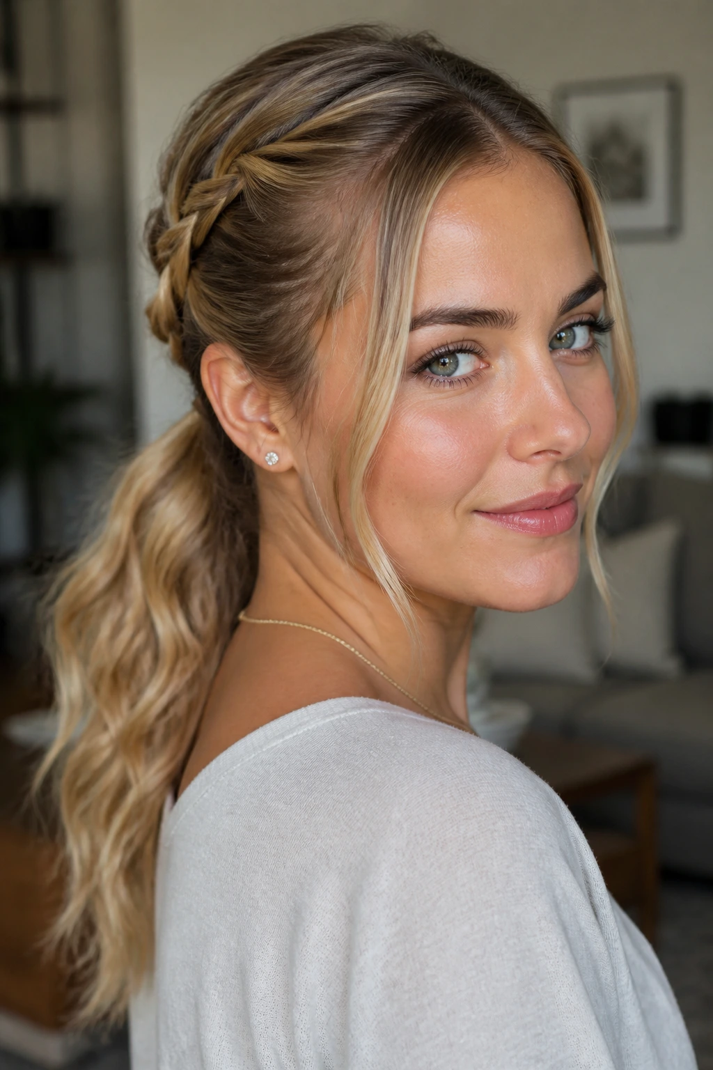 Close-up of a real woman with rope twists forming a ponytail