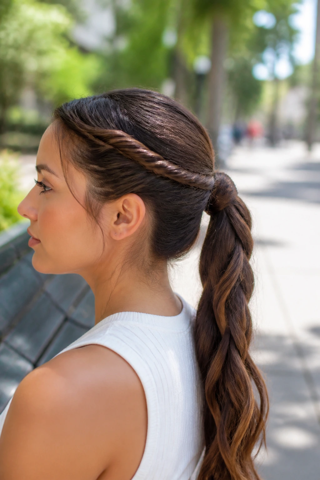 Close-up of a real woman with a rope twist ponytail