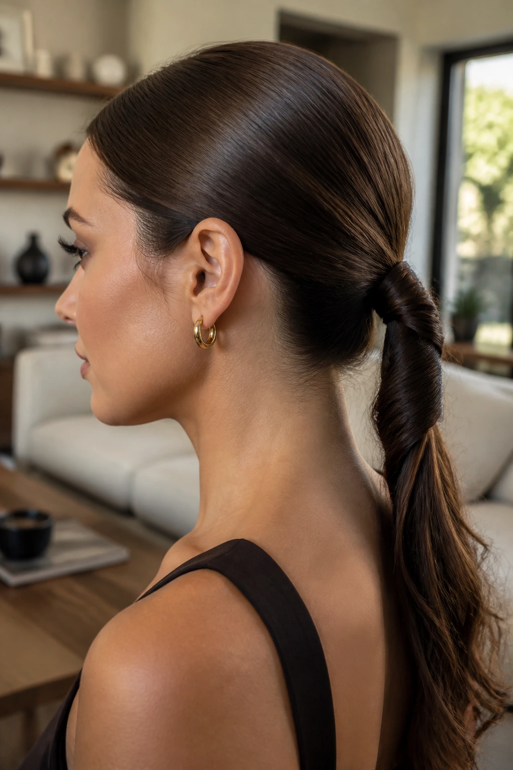 Close-up of rope-twist low ponytail on a real woman