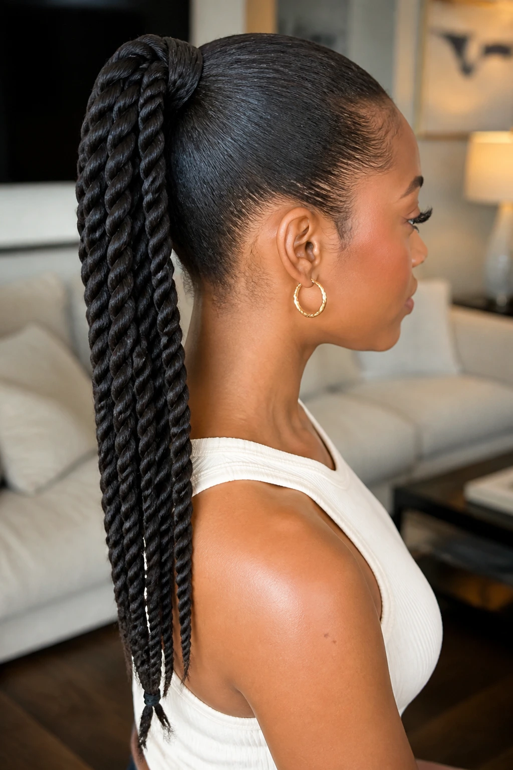 Profile of a woman with a rope-twist ponytail.