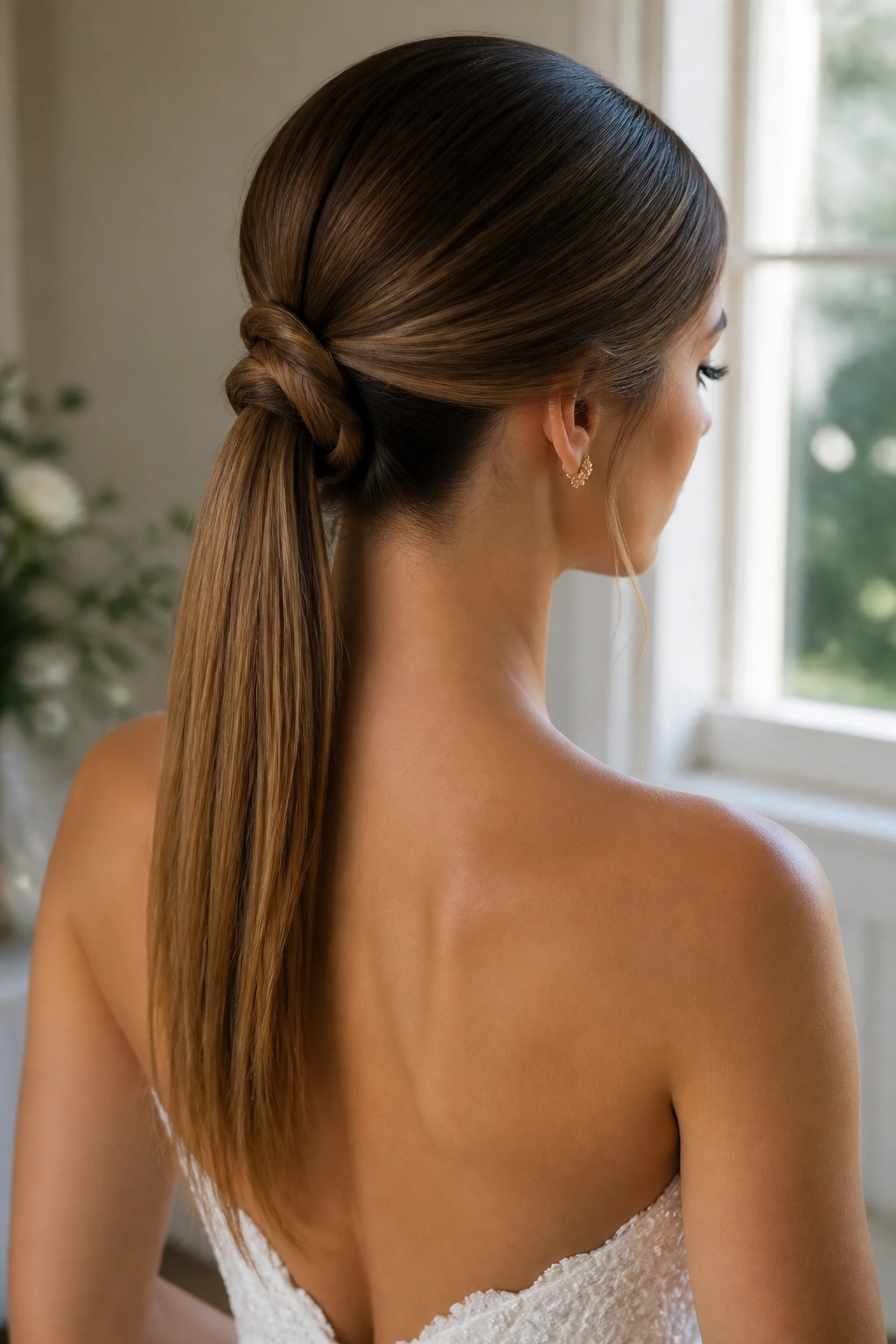 Back/side portrait of a real bride featuring a rope-twist ponytail
