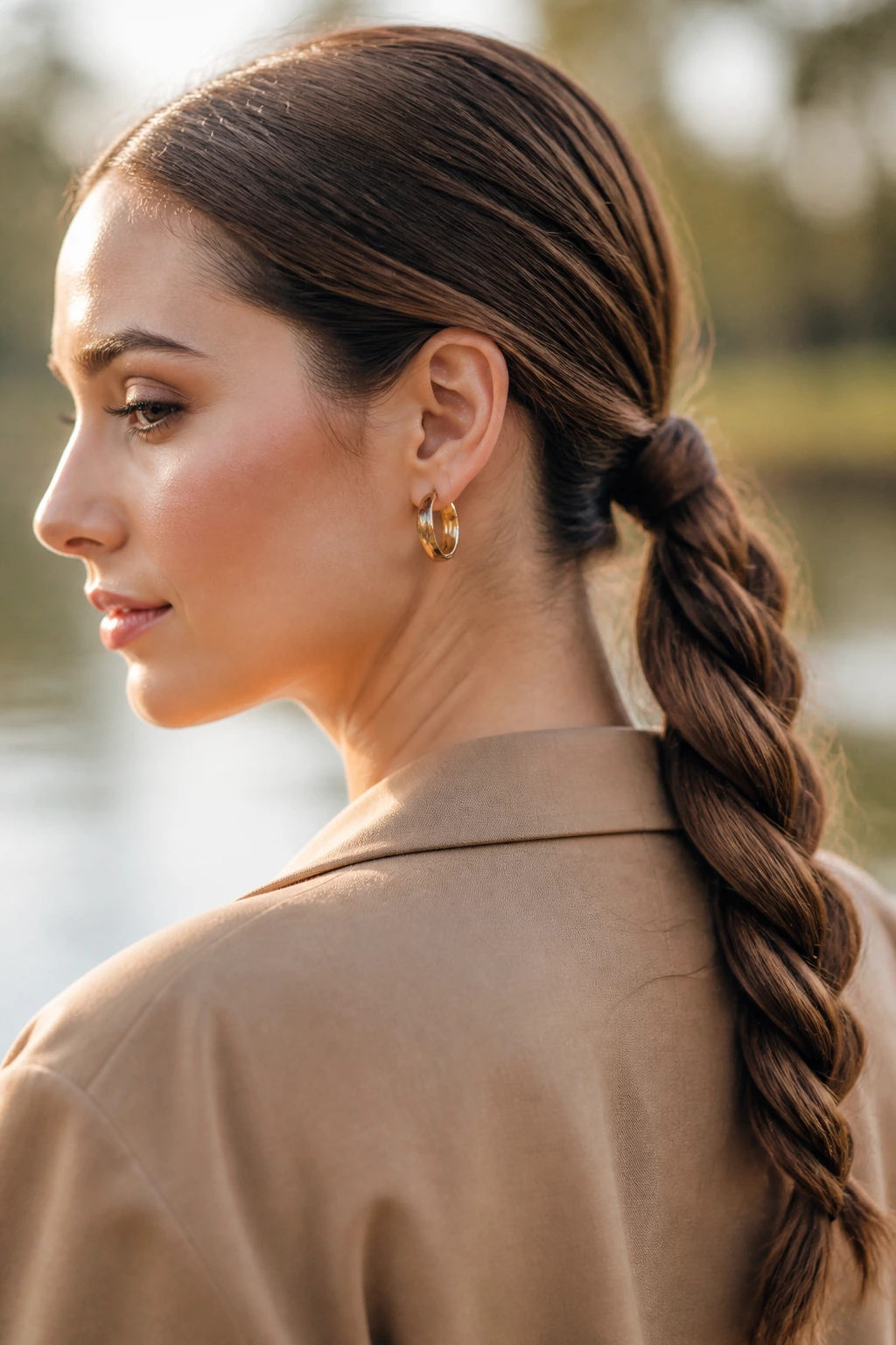Close-up of a woman with a low rope twist ponytail and glossy hair