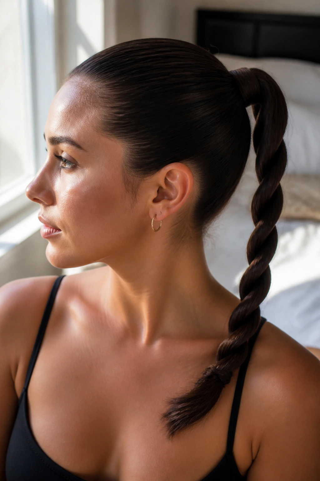Close-up of a real woman with a glossy rope-twist ponytail in natural window light.