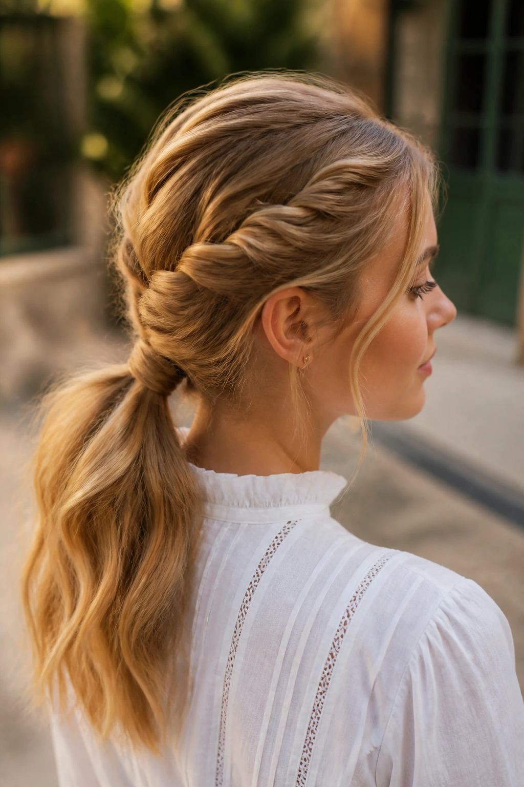 Real woman with rope-twist ponytail in garden setting
