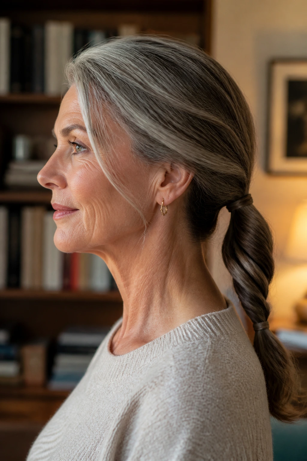 Close-up of real woman with rope-twist ponytail showing a spiral twist.