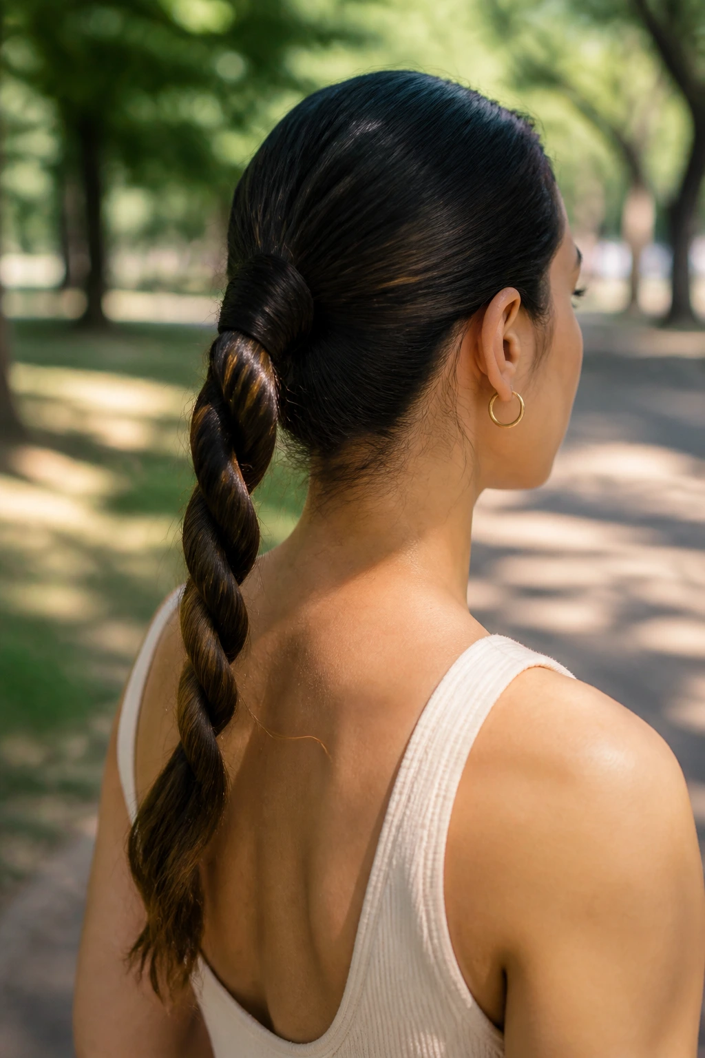 Back view of a woman with a rope-twist ponytail in a park setting