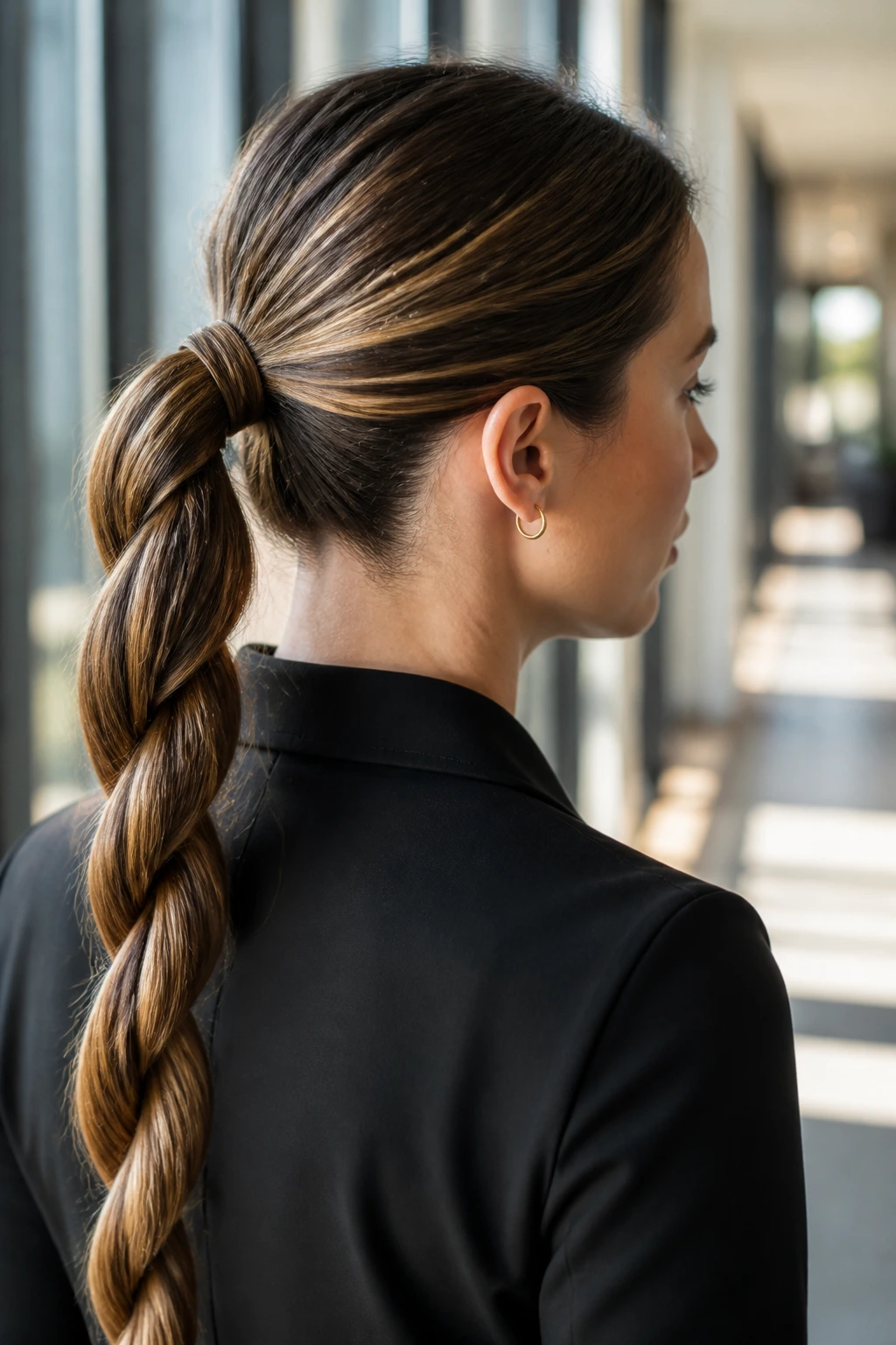 Medium close-up of a real woman with a rope-twist ponytail showing the intertwined twists