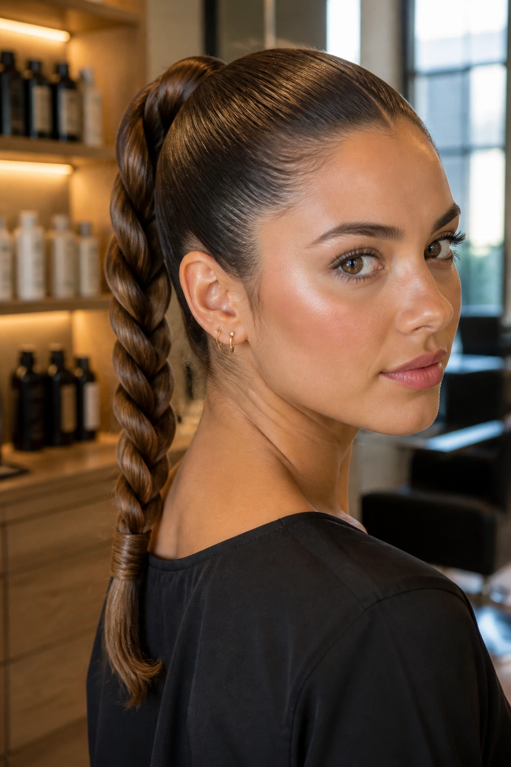 Close-up of a woman with a rope-twist ponytail in a salon